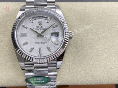 AR Factory Rolex Daydate 40*12.2mm 3255 Movement White Face Baguette SS Band Watch